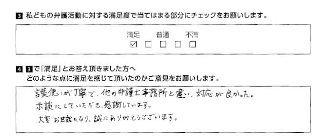 言葉使いが丁寧で、他の弁護士事務所と違い対応が良かった。